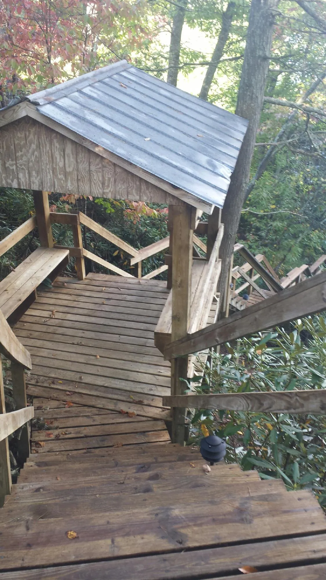 Metal roofed shelter over wooden steps on a wooded walkway — Skylight Repair & Installation work by our crew in Yacolt